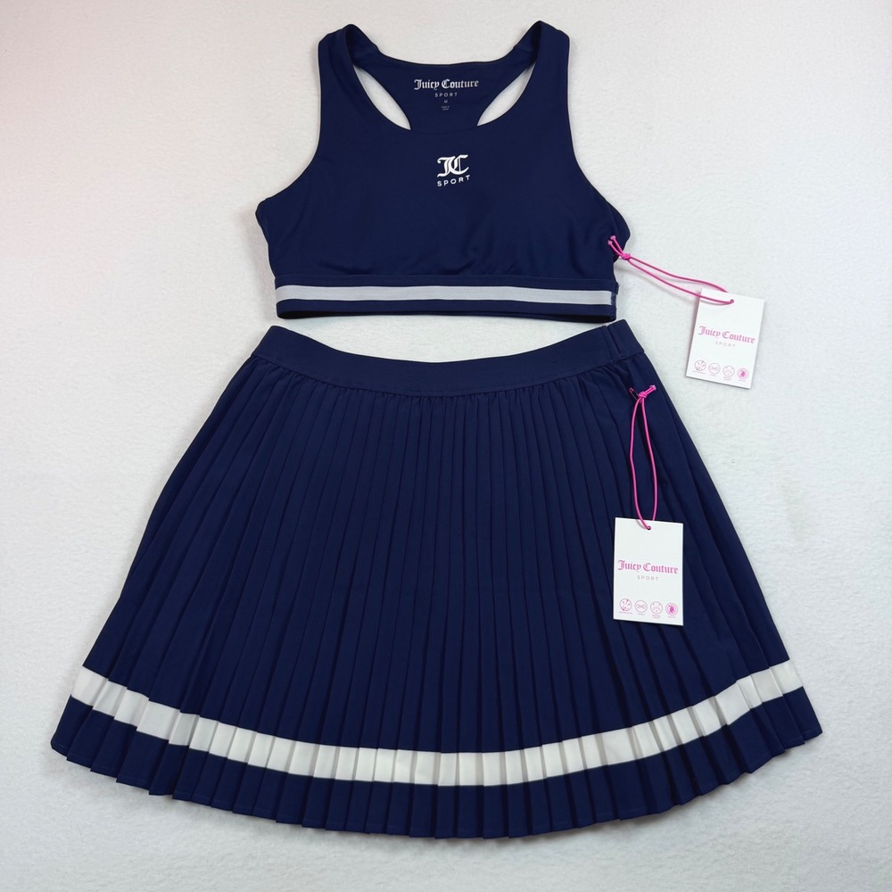 Juicy Couture Sport Tennis Set Navy Blue Pleated Skirt Sports Bra JC257258S M